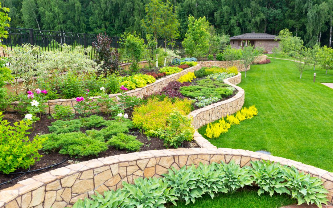 a multi-tiered garden or backyard with a stone retaining wall and various plants and shrubs.
